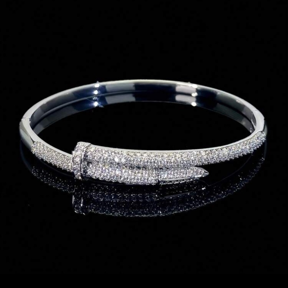 18K Silver Plated Nail Bangle Bracelet with CZ Pave | Luxury Statement Jewelry